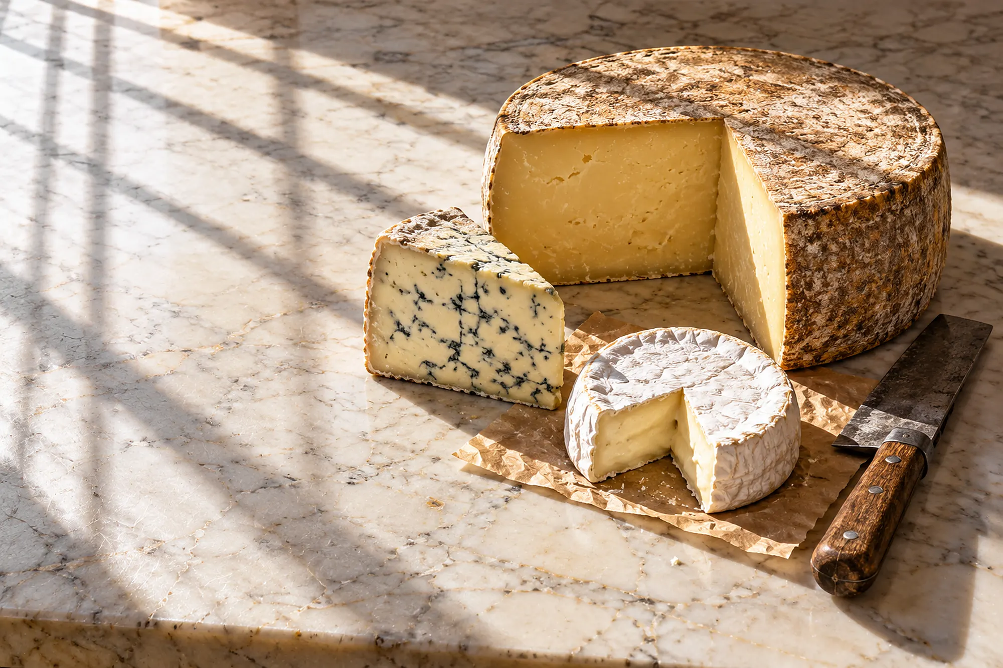 Käse auf Marmor in der Sonne