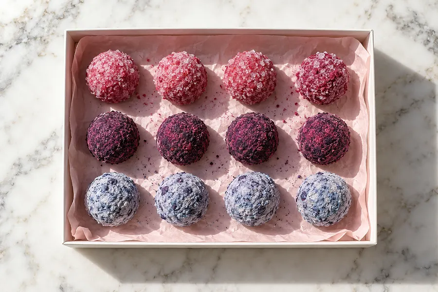 Zwölf Fruchttrüffel in drei Reihen, rosa, violett und hellblau gezuckert